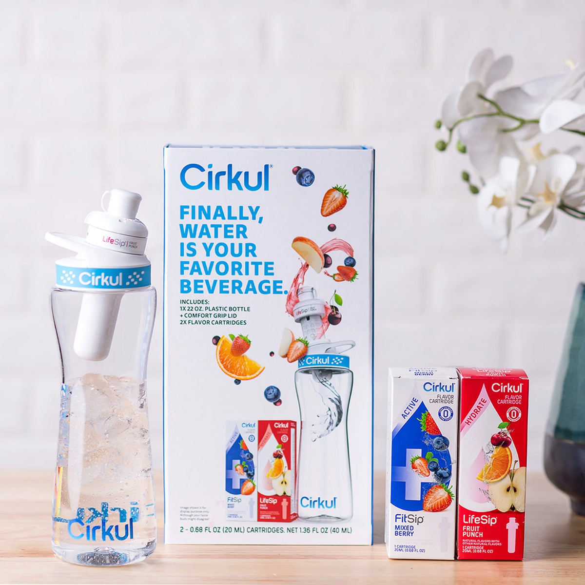 22oz Plastic Water Bottle Starter Kit with Blue Lid and 2 Flavor Cartridges H26967