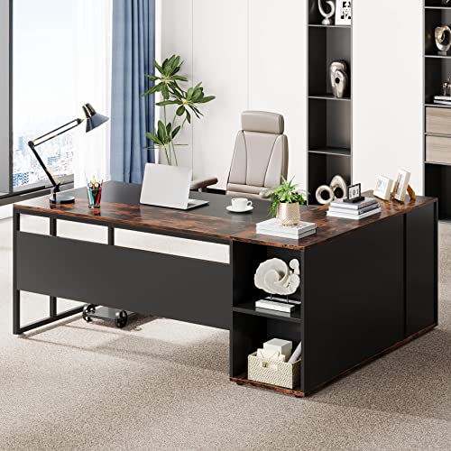 71 inch L Shaped Desk with Cabinet Storage and Shelves P984