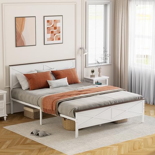 White Queen Size Metal Bed Frame with Headboard and Footboard U916