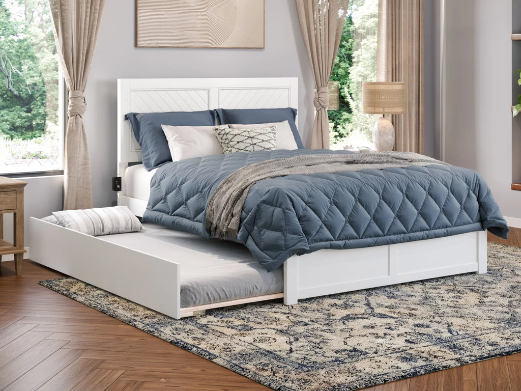 White Solid Wood Platform Bed with Footboard & Twin XL Trundle, Queen N430394