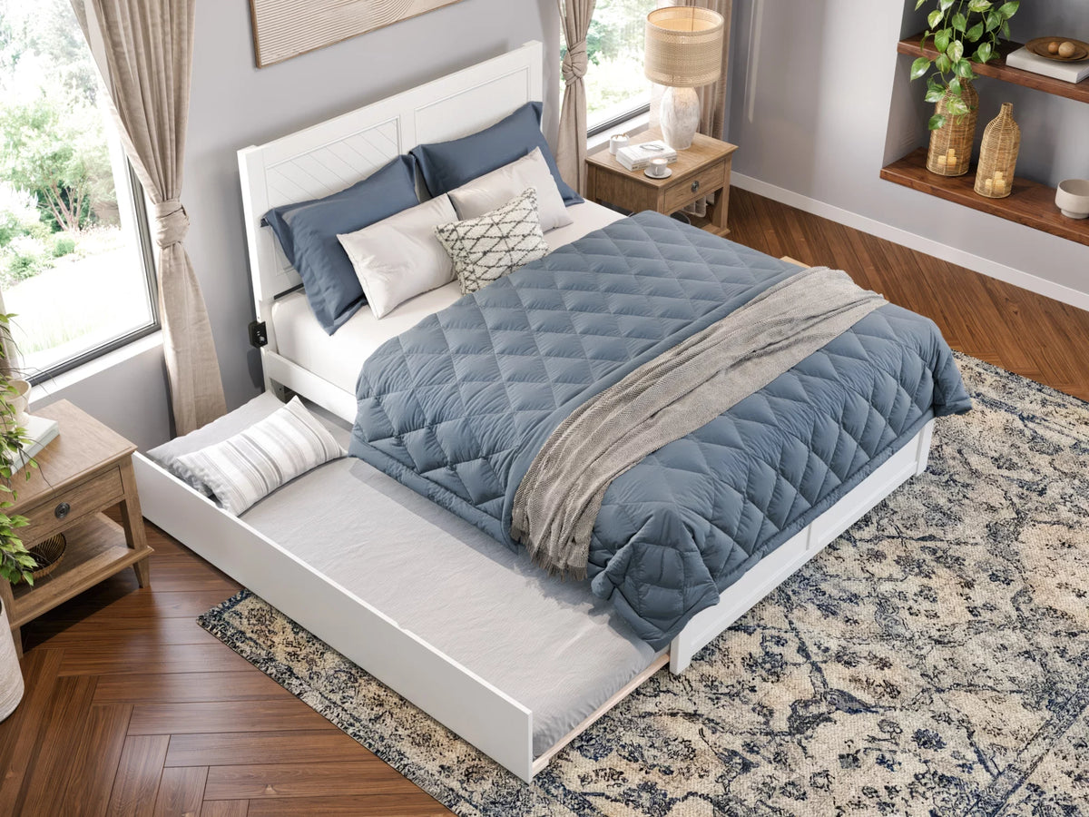 White Solid Wood Platform Bed with Footboard & Twin XL Trundle, Queen N430394