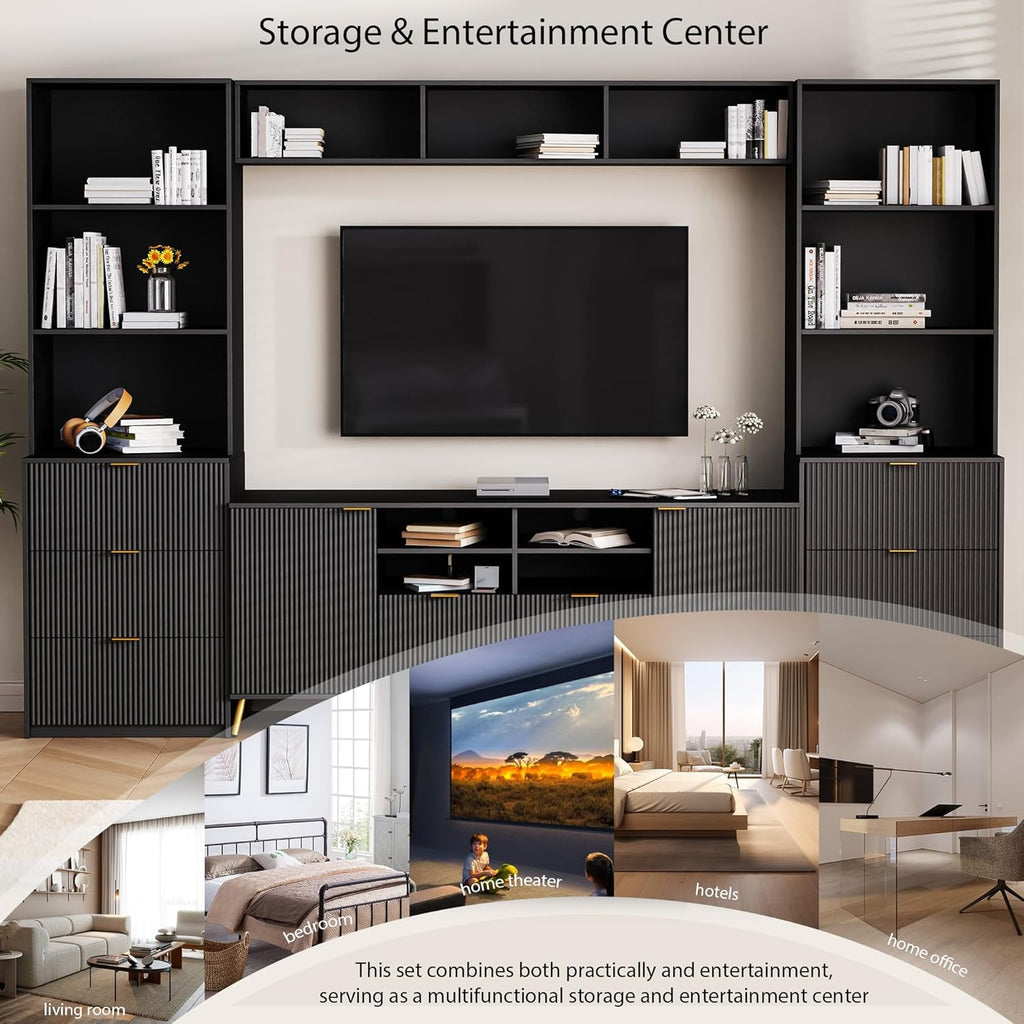 Black 4-Piece TV Stand with 13 Shelves, 8 Drawers and 2 Cabinets D967291