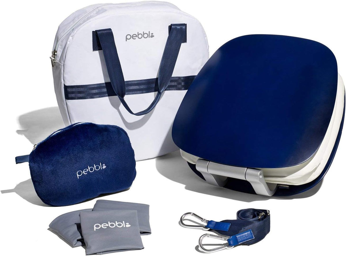 Portable Meditation Chair with Back Support Foldable Seat, Cushion, Carry-All Tote, Adjustable Carrier Strap, Blanket - Navy Blue Shell/White Cushions Y6633