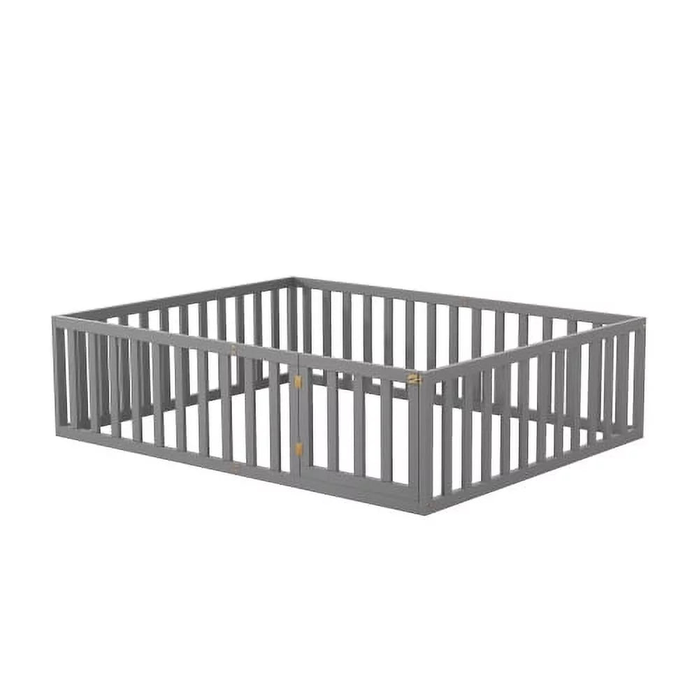 Twin Size Solid Wood Floor Bed Frame with Fence and Door R9671