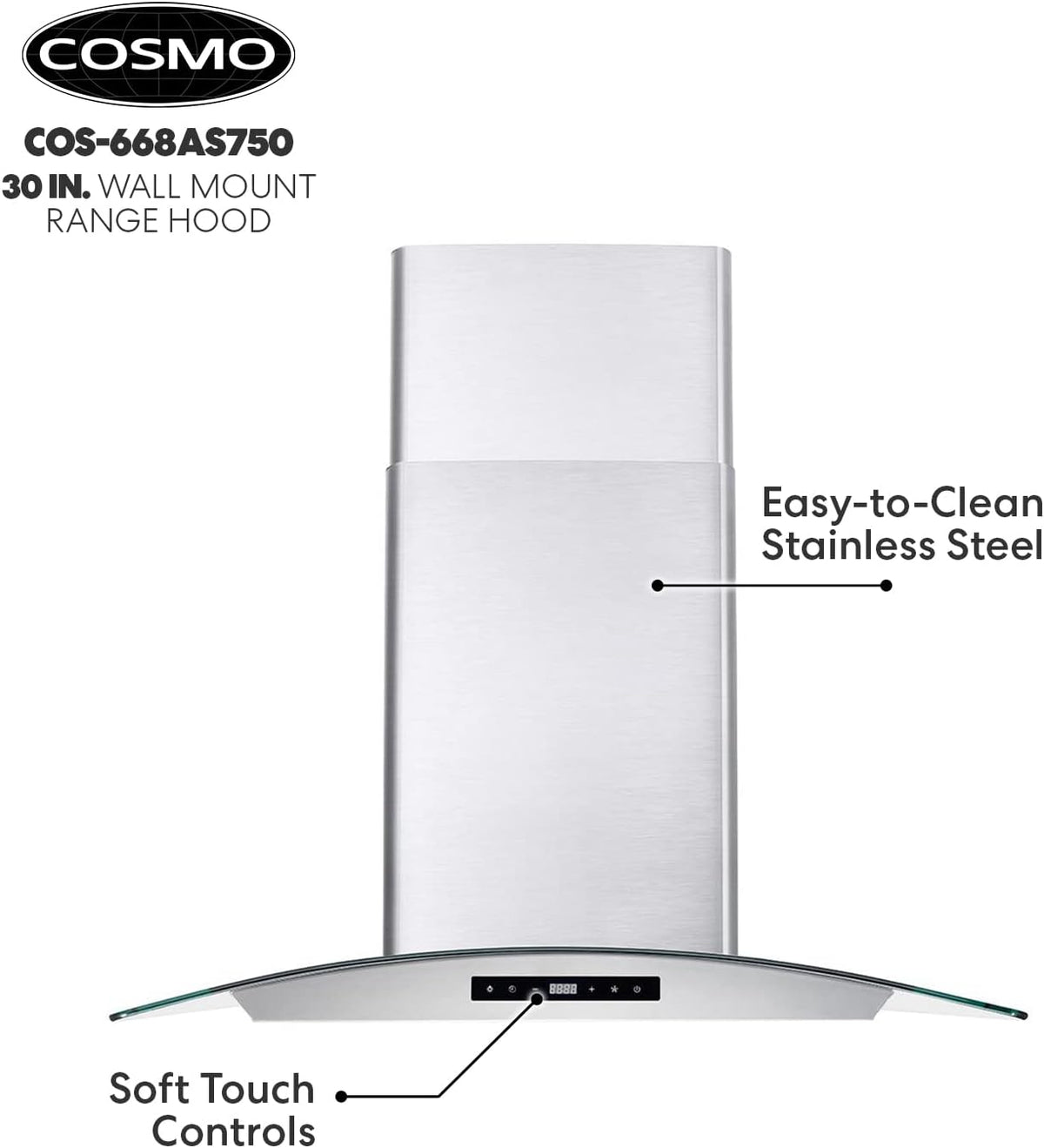 30 in. Wall Mount Range Hood with Curved Glass in Stainless Steel K75114