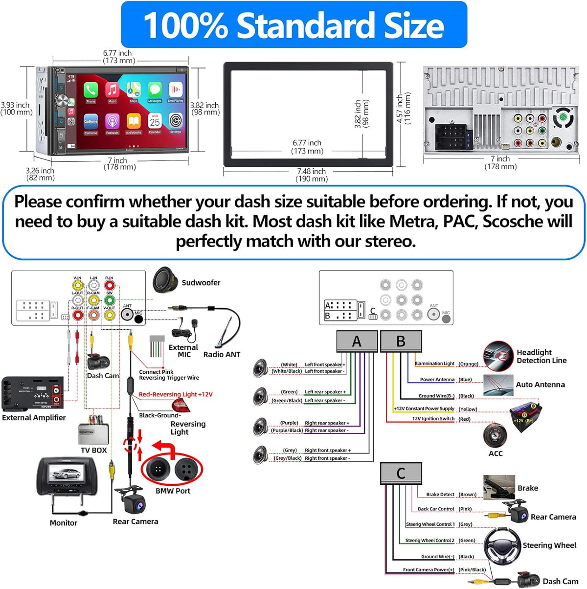 Double Din Car Stereo with 7 HD Touchscreen, Bluetooth 5.2, Backup Camera D31624