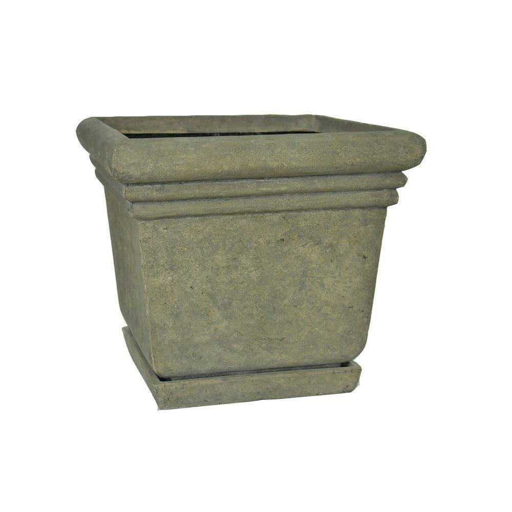18-1/2 in. Square Cast Stone Planter with Attached Saucer X3244