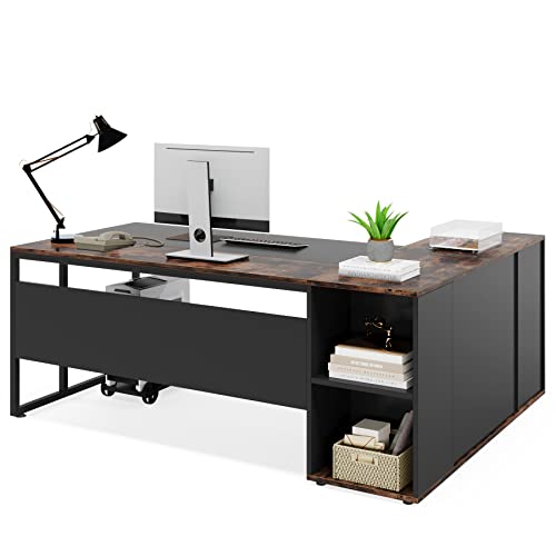 71 inch L Shaped Desk with Cabinet Storage and Shelves P984