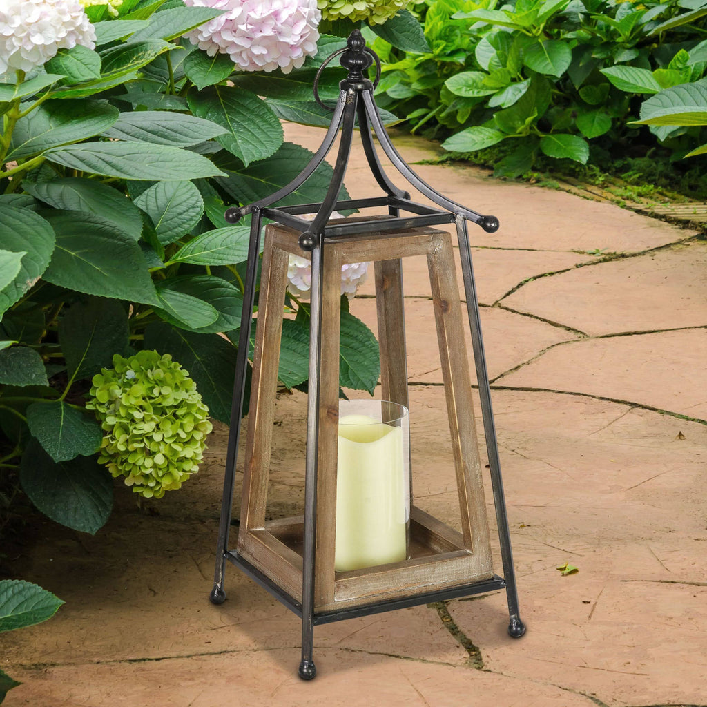 Antiqued Wood and Metal Tented Candle Lantern with LED Candle, 20.5 Inches, Natural, Beige K694950