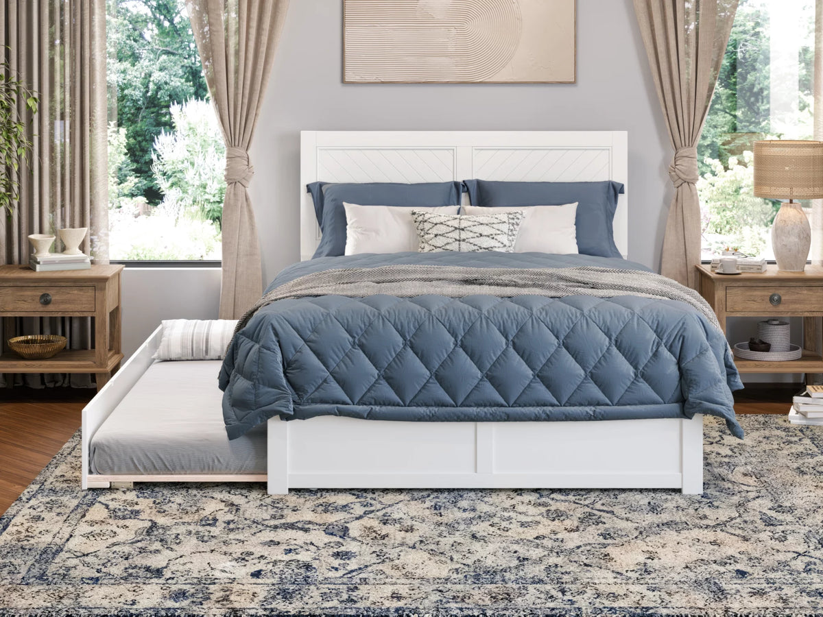 White Solid Wood Platform Bed with Footboard & Twin XL Trundle, Queen N430394