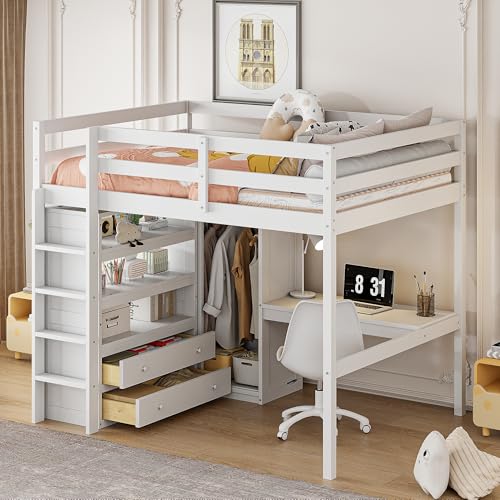 Full Size Solid Wood Loft Bed with Desk and Wardrobe K71112
