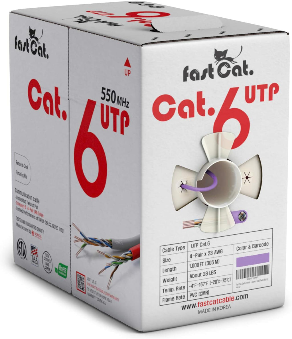 Cat6 Ethernet Cable 1000ft - 23 AWG, CMR, Solid Bare Copper UTP LAN Cable (Purple) V98716