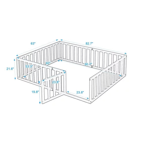 Twin Size Solid Wood Floor Bed Frame with Fence and Door R9671