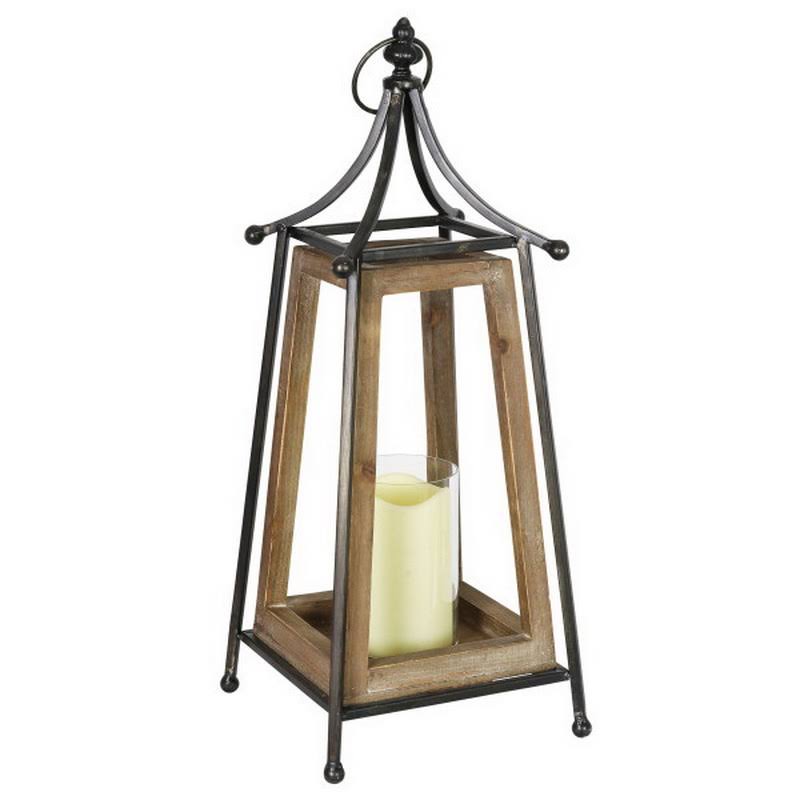 Antiqued Wood and Metal Tented Candle Lantern with LED Candle, 20.5 Inches, Natural, Beige K694950