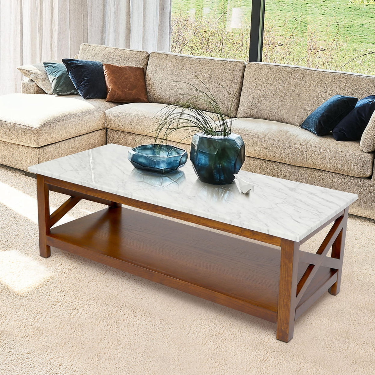 44" Rectangular White Marble Coffee Table with Solid Wood Legs I97953