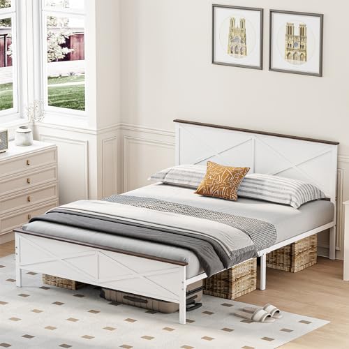 White Queen Size Metal Bed Frame with Headboard and Footboard U916