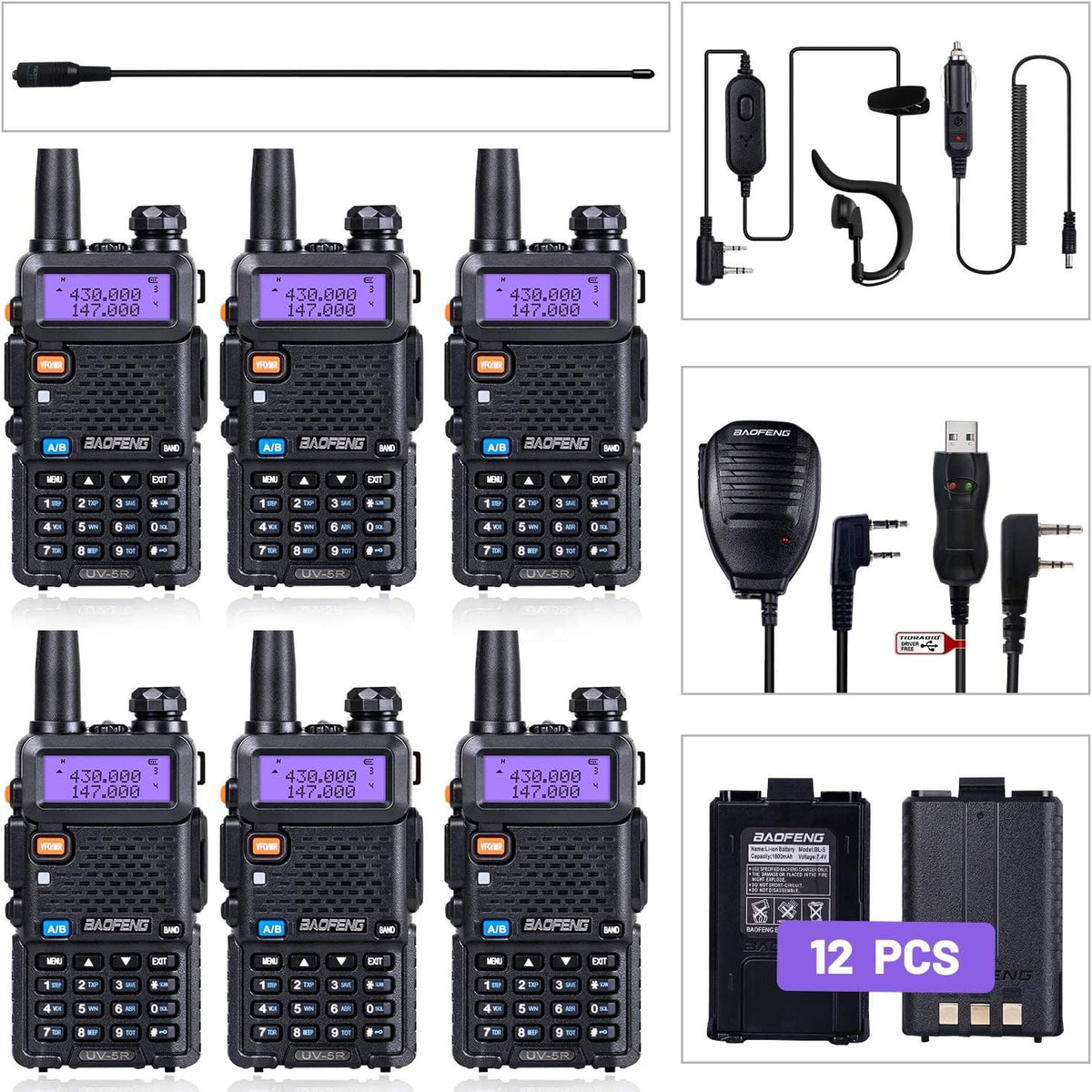 6 Pack Ham Radio with Programming Cable, Antennas, Mics, and Batteries A19157