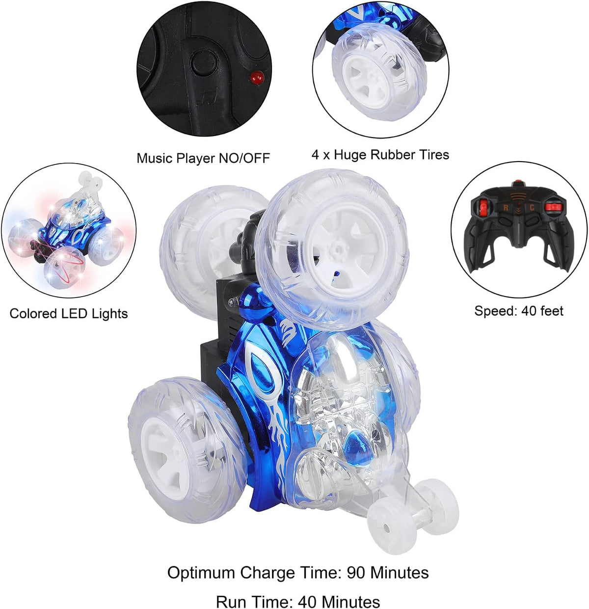 Remote Control Stunt Car with Colorful Lights & Music Switch, Rechargeable (Bule) Z52059