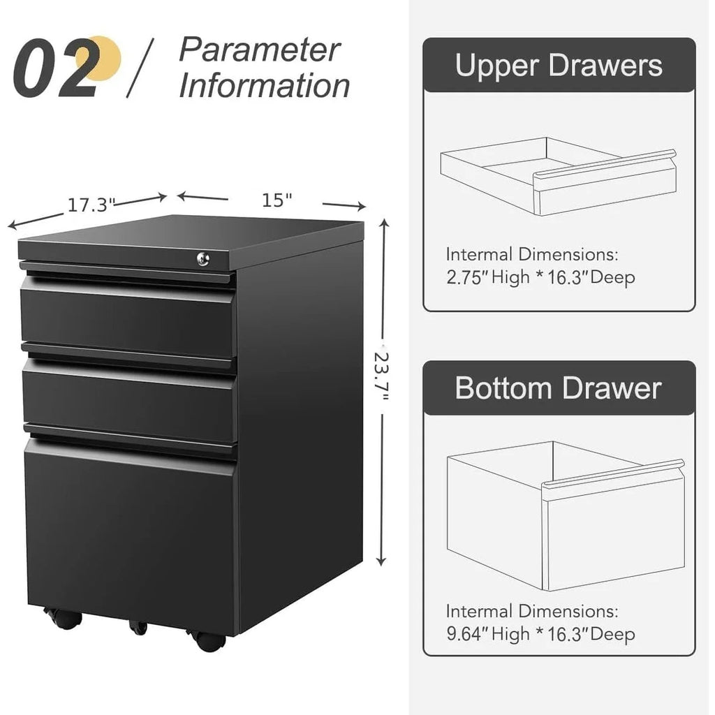 Black 3 Drawer Metal File Cabinet with Lock D5668