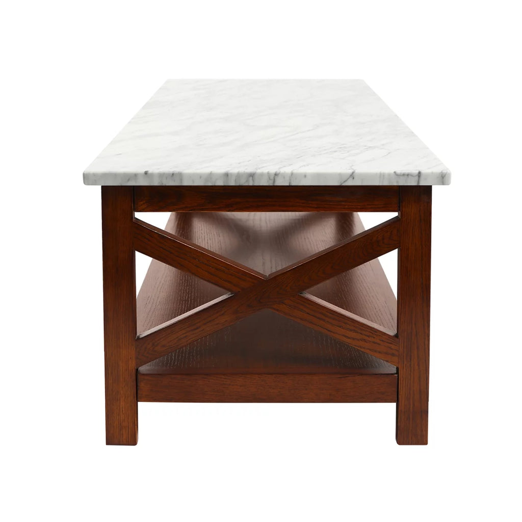 44" Rectangular White Marble Coffee Table with Solid Wood Legs I97953