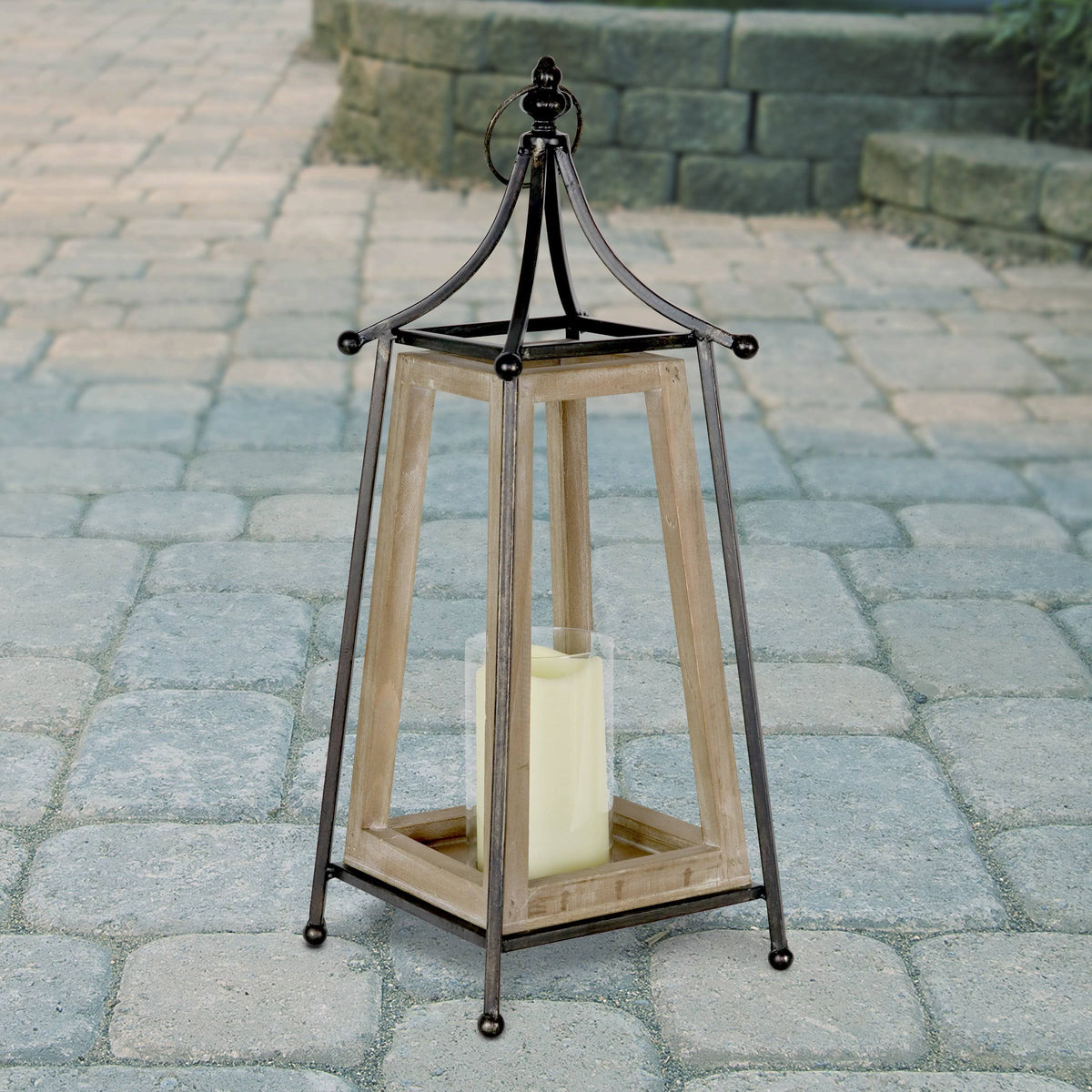 Antiqued Wood and Metal Tented Candle Lantern with LED Candle, 20.5 Inches, Natural, Beige K694950