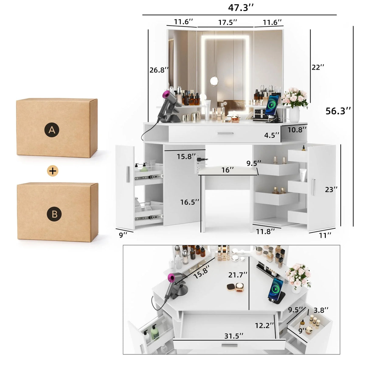 Corner Makeup Vanity Desk with Lighted Mirror 6 Drawers S571864