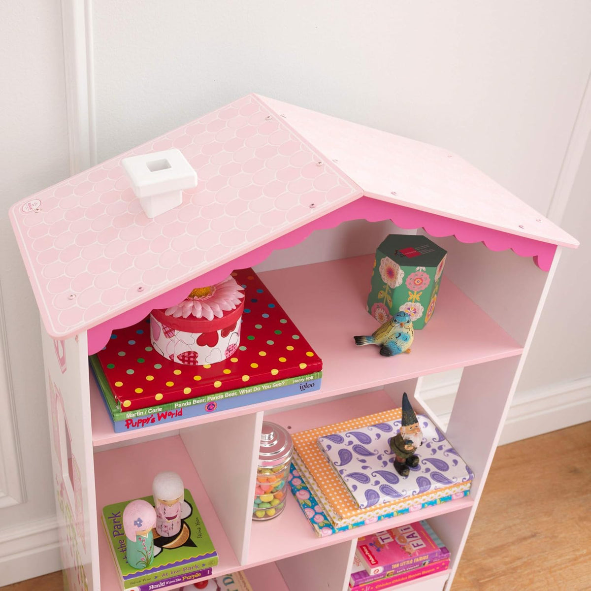 Wooden Dollhouse Bookcase with Shelves and Hidden Storage C914872