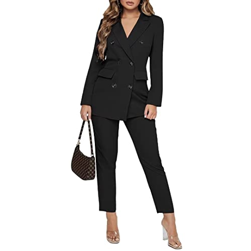 Women Double Breasted Blazer Set 2 Piece Pants Outfits Long Sleeve Suit Set E7886