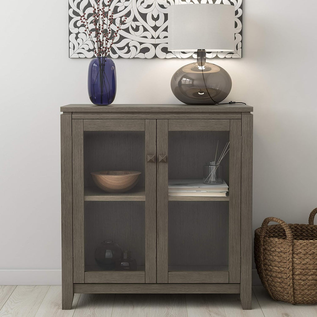 Solid Wood Low Storage Cabinet with 2 Tempered Glass Doors and 2 Adjustable Shelves X66281