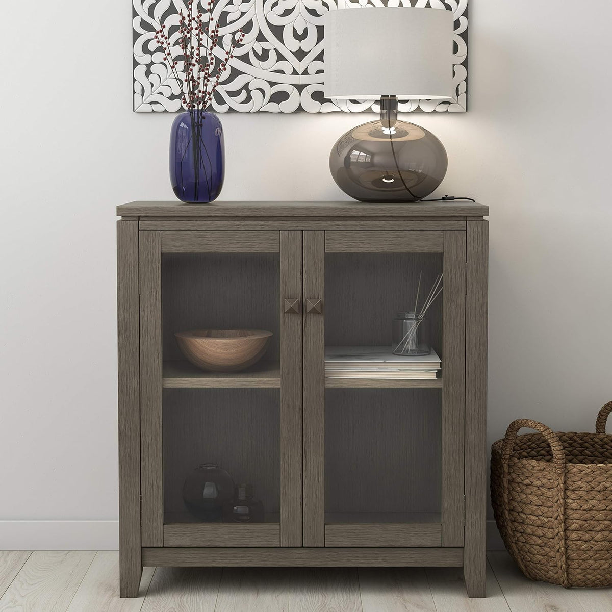 Solid Wood Low Storage Cabinet with 2 Tempered Glass Doors and 2 Adjustable Shelves X66281