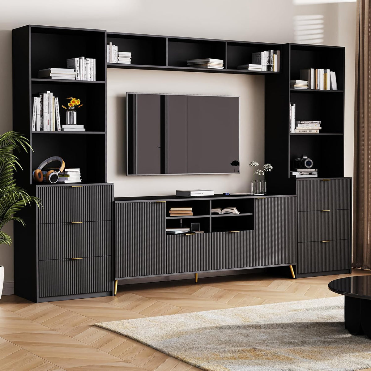 Black 4-Piece TV Stand with 13 Shelves, 8 Drawers and 2 Cabinets D967291
