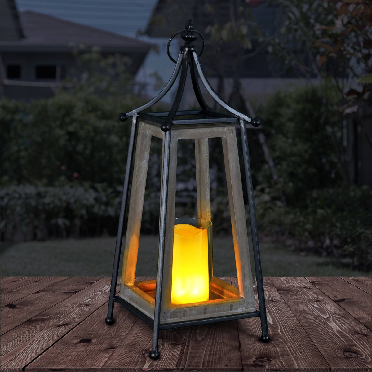 Antiqued Wood and Metal Tented Candle Lantern with LED Candle, 20.5 Inches, Natural, Beige K694950