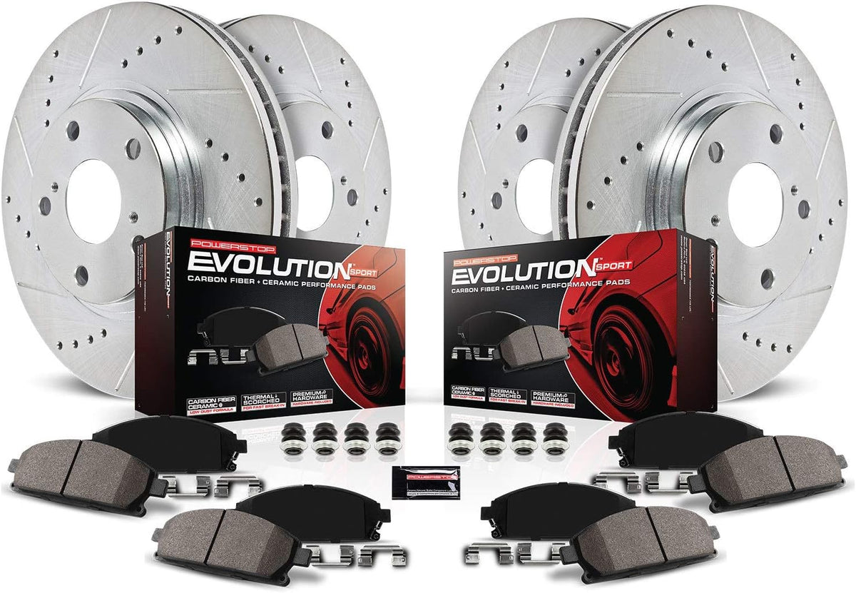 Front and Rear Carbon Fiber Brake Pads with Drilled & Slotted Brake Rotors Kit R22160