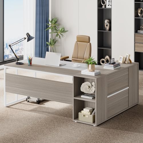 71 inch L Shaped Desk with Cabinet Storage and Shelves P984