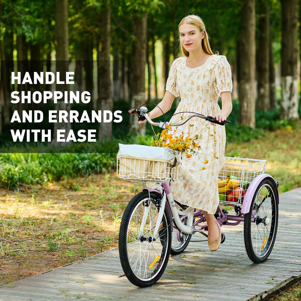 24 Inch 7 Speed Adult Trike with Adjustable Seat and 2 Baskets Matte Gray C14467