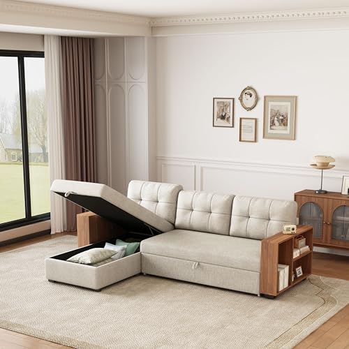 Beige L Shaped Convertible Sectional Sleeper Sofa with Storage Chaise Y4040