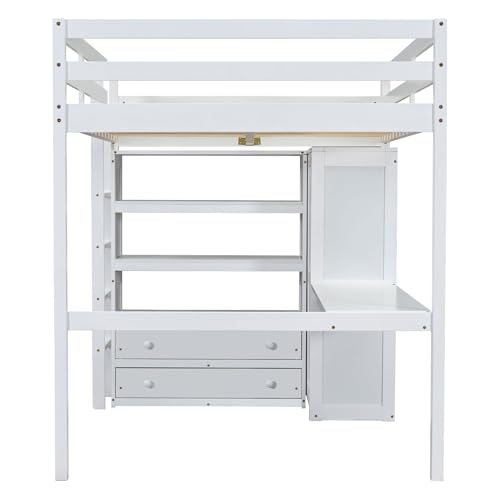 Full Size Solid Wood Loft Bed with Desk and Wardrobe K71112