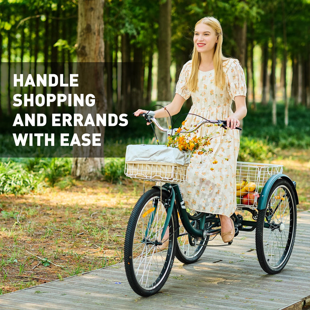24 Inch 7 Speed Adult Trike with Adjustable Seat and 2 Baskets Matte Gray C14467