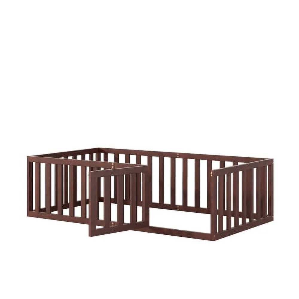 Twin Size Solid Wood Floor Bed Frame with Fence and Door R9671