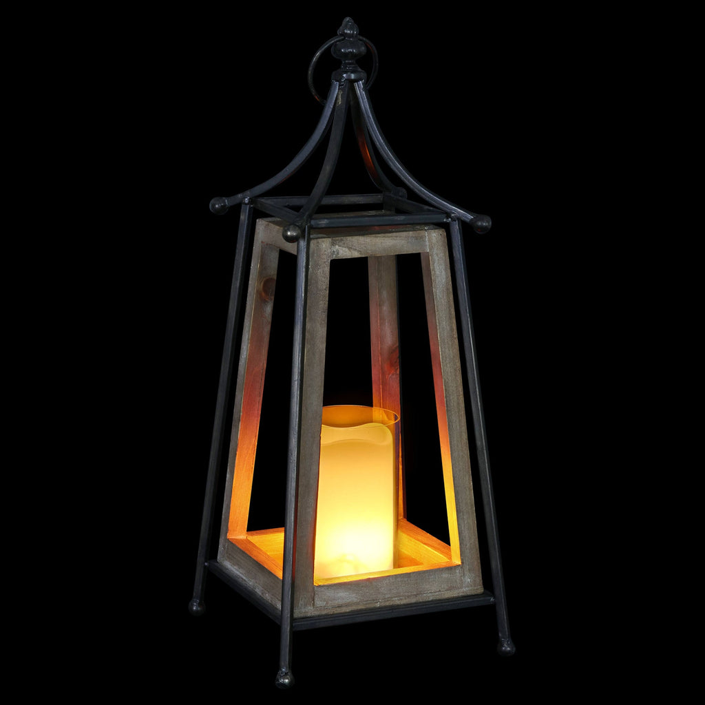 Antiqued Wood and Metal Tented Candle Lantern with LED Candle, 20.5 Inches, Natural, Beige K694950