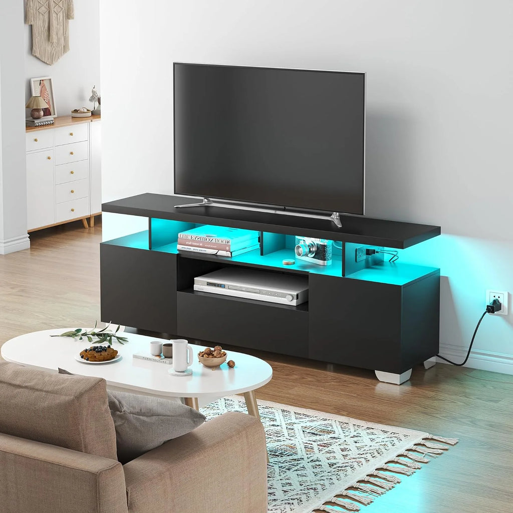 Modern TV Stand with Power Outlet and LED Lights J477