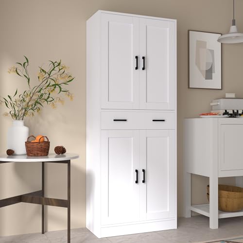 White 71" Tall Kitchen Storage Cabinet with doors and drawer M22337