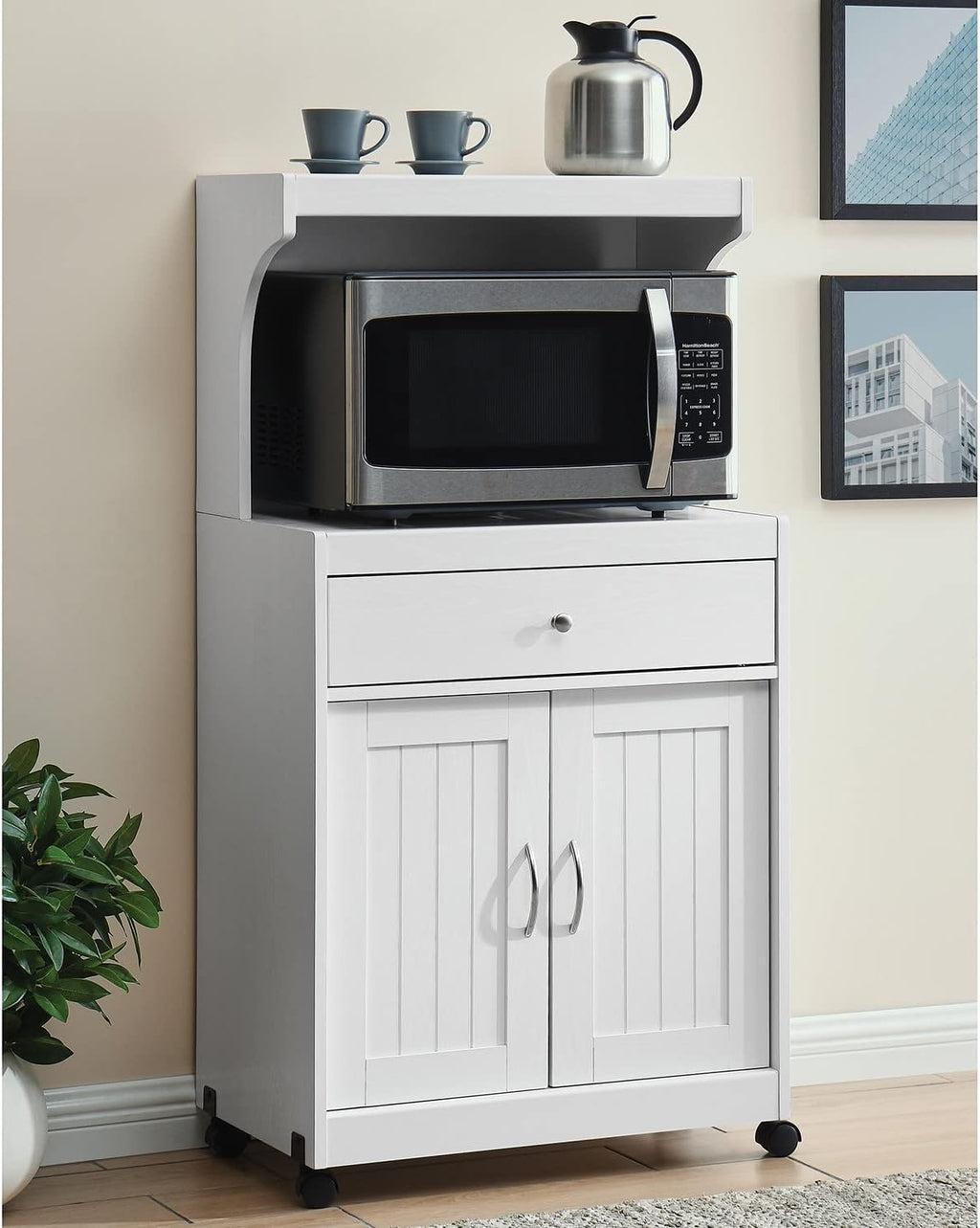 White Microwave Cart with Double Door Cabinet, 1 Drawer, and Top Shelf F375