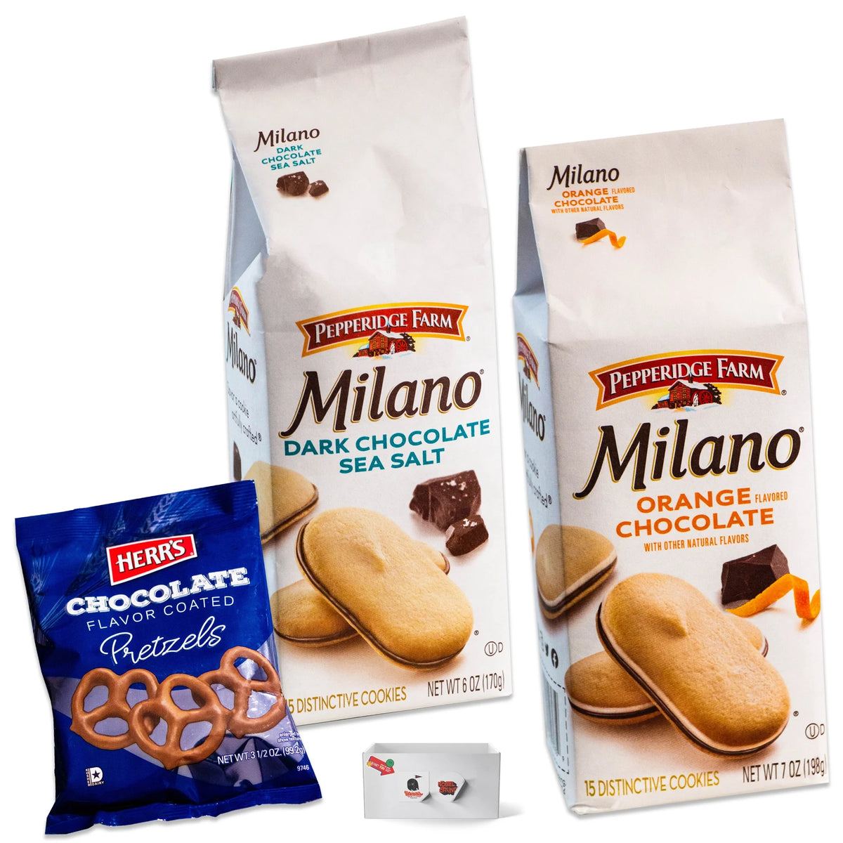 Dark Chocolate Sea Salt Cookies, Orange Chocolate Cookies, Chocolate Covered Pretzels Snack Bundle K15266
