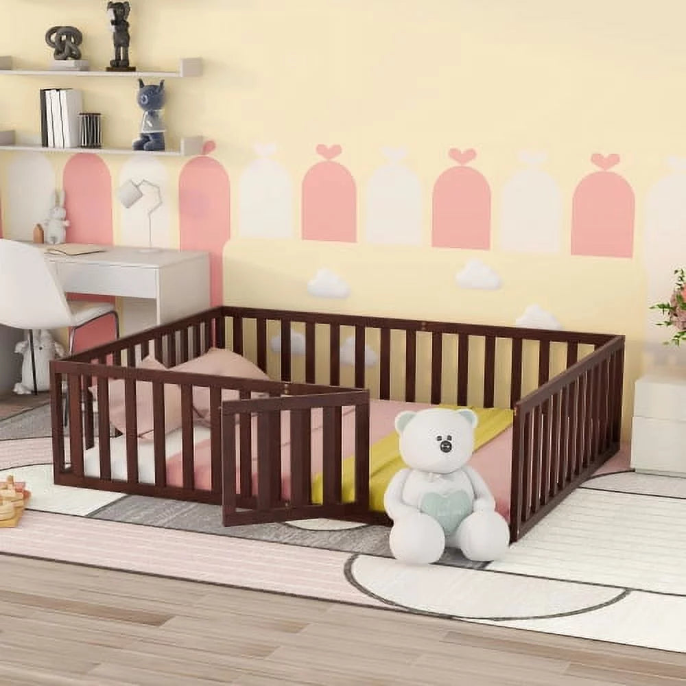 Twin Size Solid Wood Floor Bed Frame with Fence and Door R9671