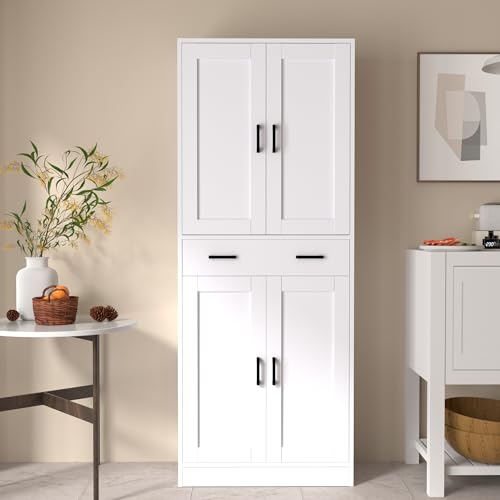 White 71" Tall Kitchen Storage Cabinet with doors and drawer M22337