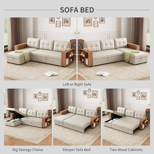 Beige L Shaped Convertible Sectional Sleeper Sofa with Storage Chaise Y4040