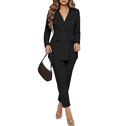Women Double Breasted Blazer Set 2 Piece Pants Outfits Long Sleeve Suit Set E7886