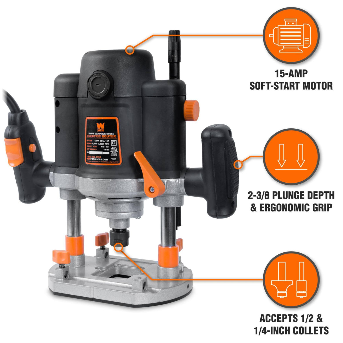 Variable Speed Plunge Woodworking Router Kit with Carrying Case & Edge Guide J984
