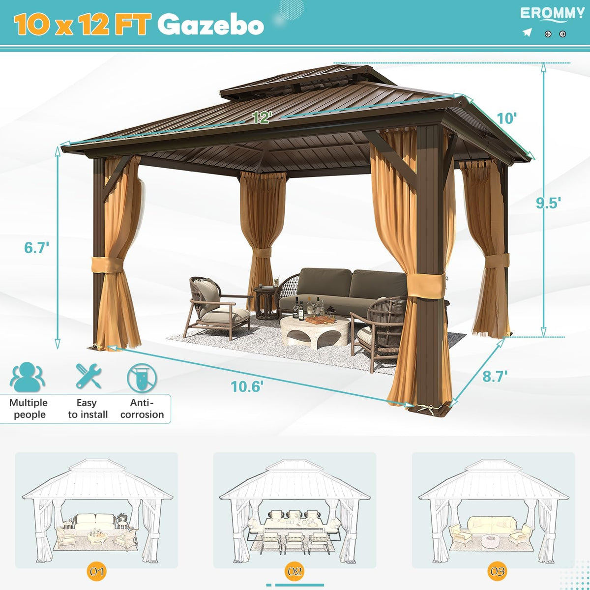 10'x12' Galvanized Steel Double Roof Metal Gazebo with Aluminum Frame O8830